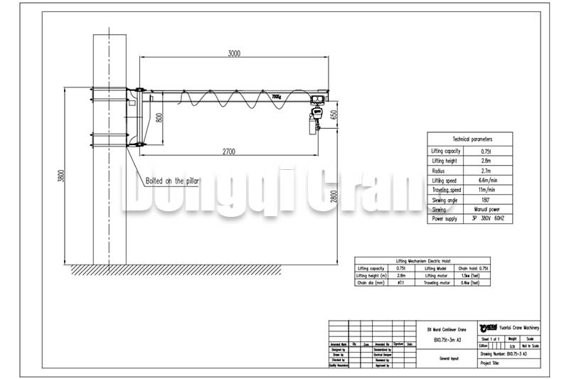 750 Kg Wall Mounted Jib Crane Drawing